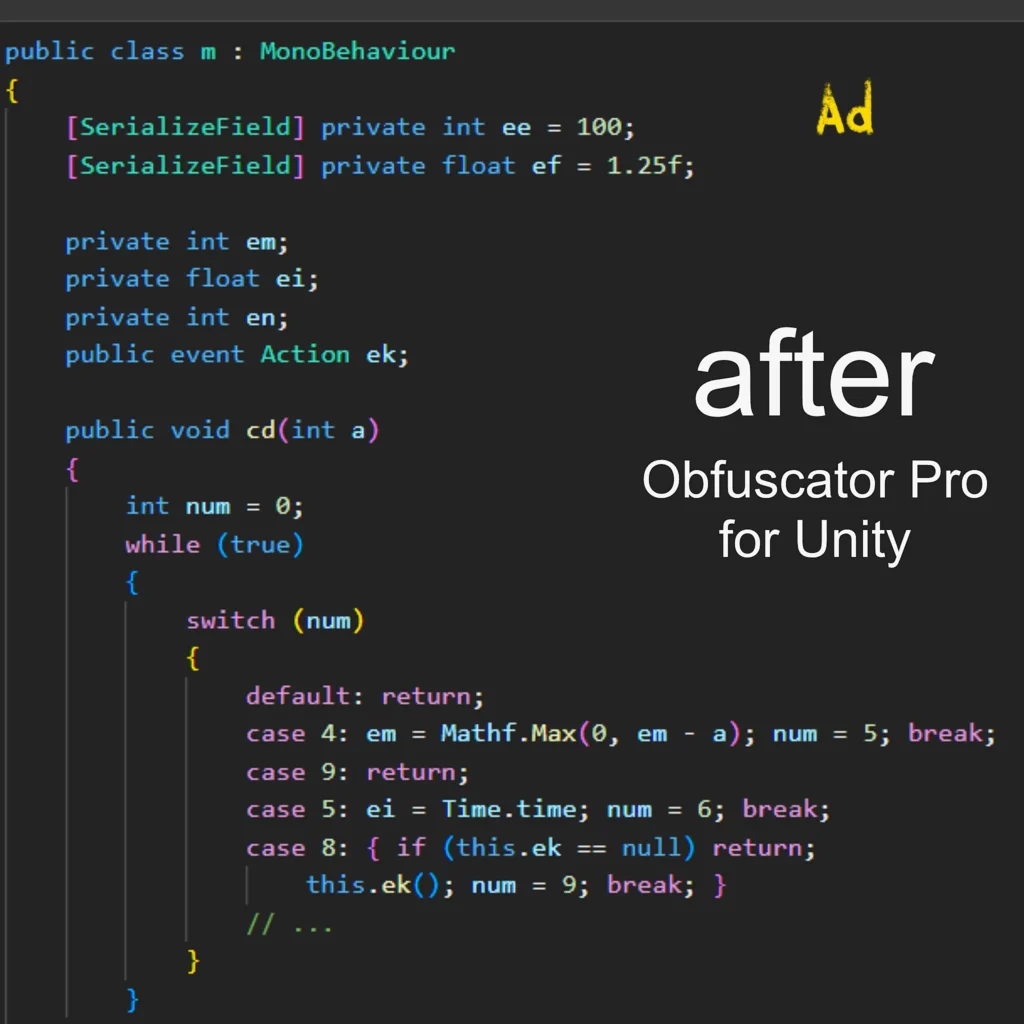 Obfuscation in Unity — How to Protect Games & Apps from Hackers and Reverse Engineering 3 C# Code After Obfuscation — Obfuscator Pro for Unity