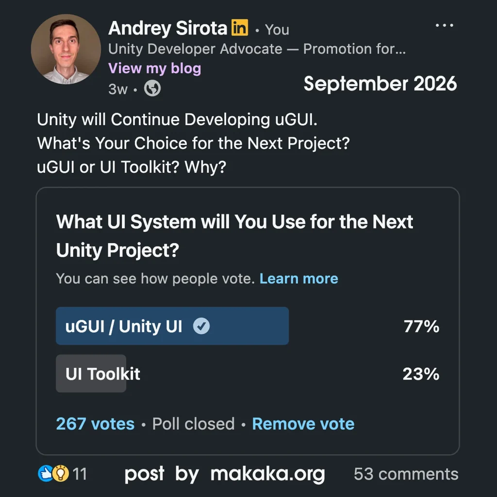 Unity UI Toolkit vs uGUI — Poll and Usage Statistics in September 2026