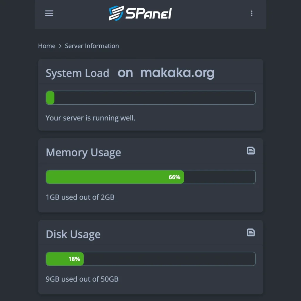 The Best WordPress Hosting 2 Server CPU, Memory, and Disk usage shown in SPanel — Web Hosting Stats — VPS information