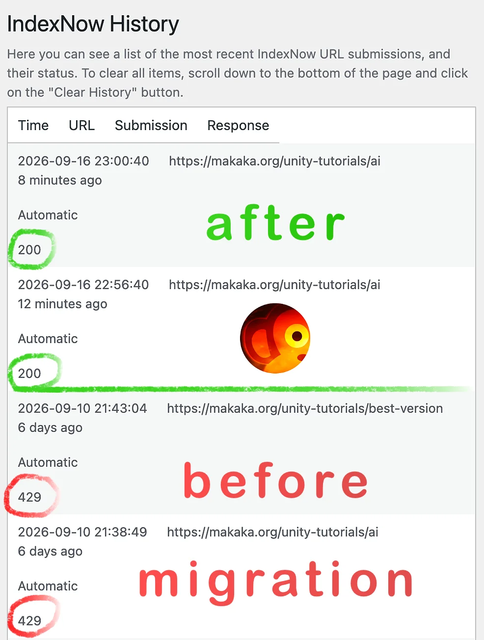 IndexNow API and RankMath for WordPress — Instant Indexing History
